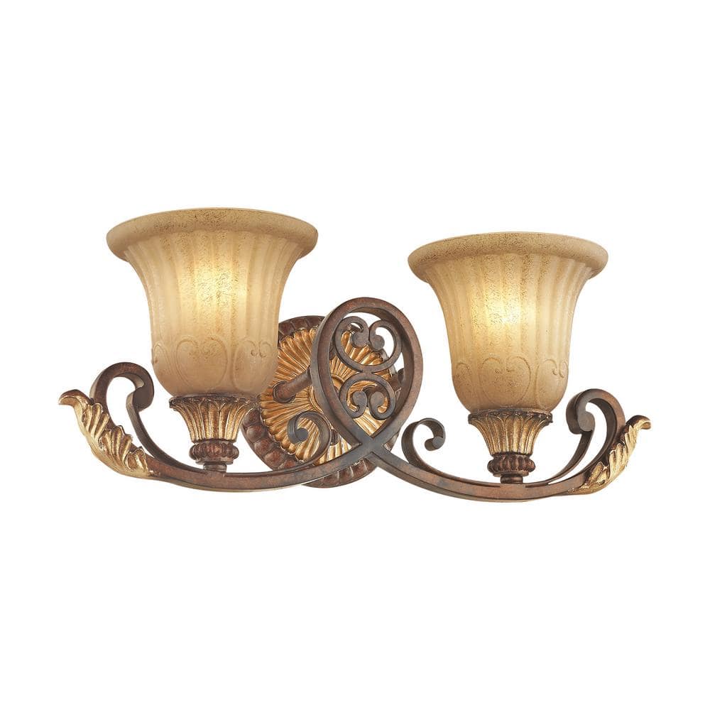 Verona Bronze & Aged Gold Leaf 2-Light Vanity with Rustic Art Glass