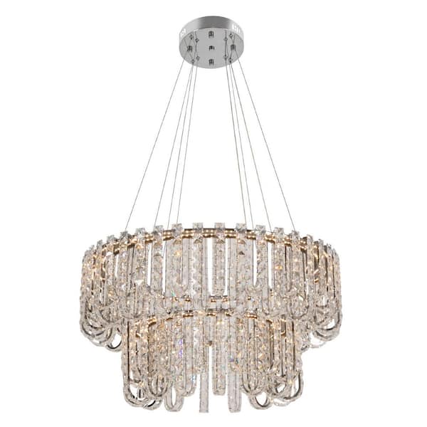 OUKANING 1-Light Dimmable Integrated LED Silver Modern 2-Tier Crystal Round Chandelier with Adjustable Height and Remote