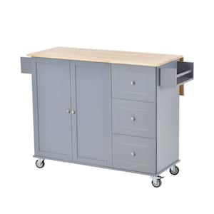 Dusty Blue Wood 52.76 in. Kitchen Island with Solid Wood Top and Locking Wheels