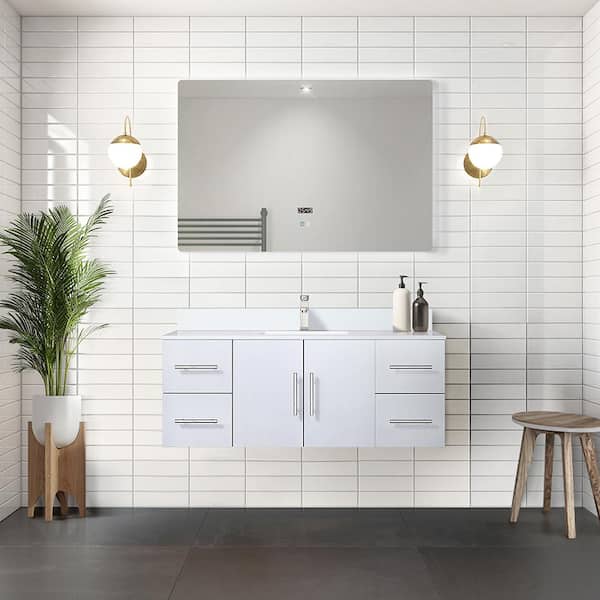 Lexora Geneva 48 in. W x 22 in. D Glossy White Bath Vanity, White Quartz Top, Faucet Set, and 48 in. LED Mirror