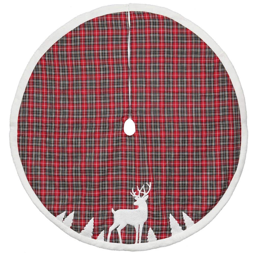 Dyno 48 in. Red Plaid Tree Skirt Deer Applique