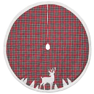 48 in. Red Plaid Tree Skirt Deer Applique