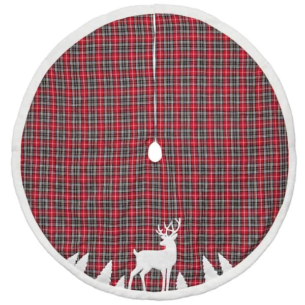Dyno 48 in. Red Plaid Tree Skirt Deer Applique 32637383 - The Home Depot