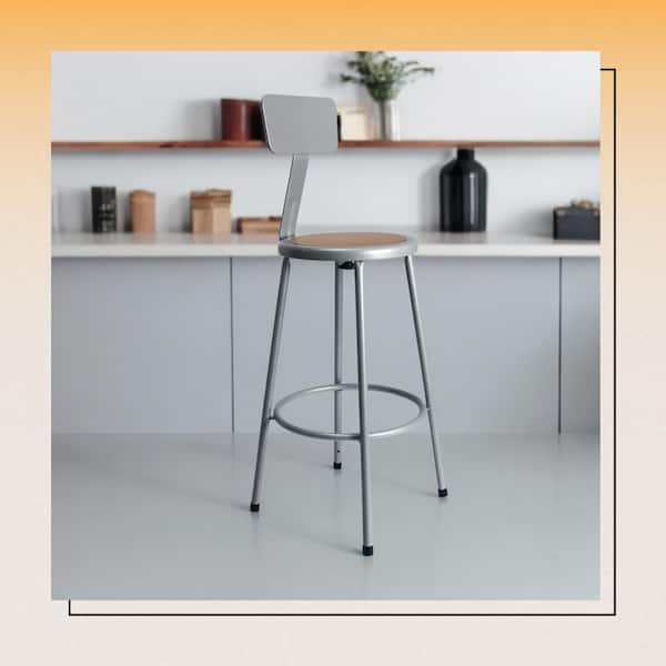 HAMPDEN FURNISHINGS Felix Collection 30 in. Stool with Backrest, Grey Metal Frame, Masonite Seat Pan, Assembly Ready