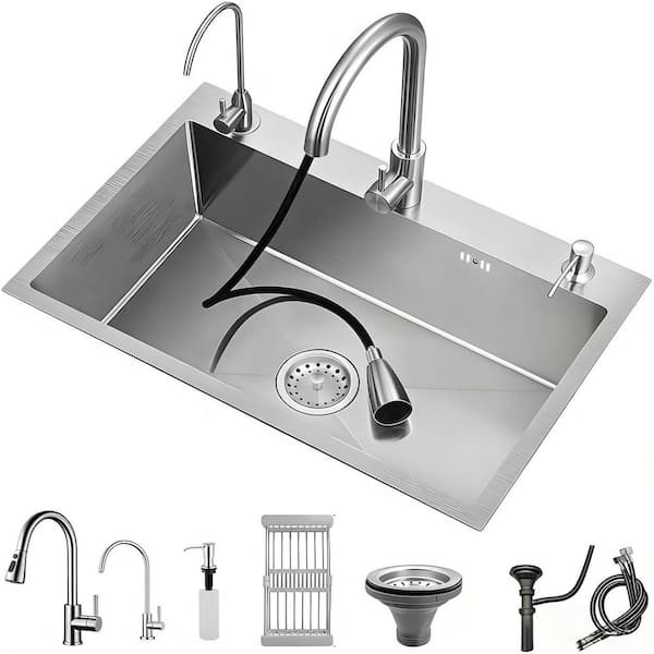 21.7 in. Drop In/Topmount Workstation Single Bowl Stainless Steel Kitchen Sink with Faucet and Grids