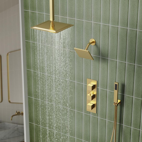 5-Spray Patterns 12 in. Ceiling Mount Rainfall Shower Faucet with 6-Jet in Brushed Gold (Valve Included)