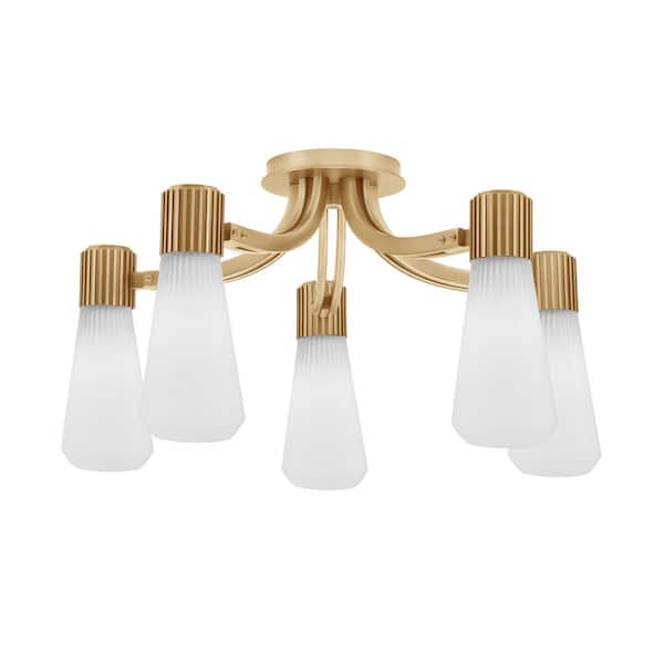 Bryer 23.25 in. 5 Light New Age Brass Semi Flush Mount with 4" White Opal Ribbed Glass Shades, No bulb included