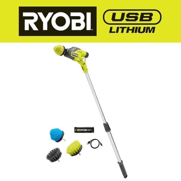 RYOBI USB Lithium Telescoping Power Scrubber Kit with 2Ah Battery, Charging Cable, and Hex Shank Accessories (4-Pieces)