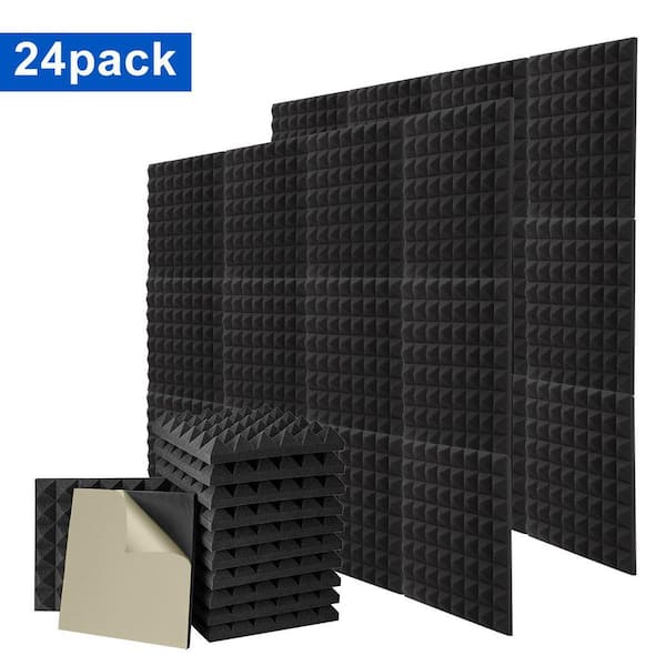 3 in. T x 1 ft. x 1 ft. Black Adhesive Backed Pyramid Acoustic Foam Sound Absorbing Panel for Easy Installation 24-Pack