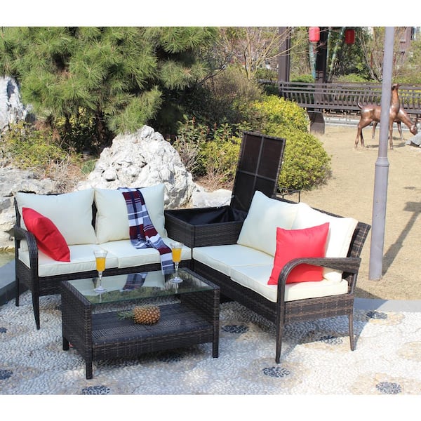 Tenleaf 4-Piece Dark Brown Wicker Patio Conversation Set with Beige Cushions, Storage Box