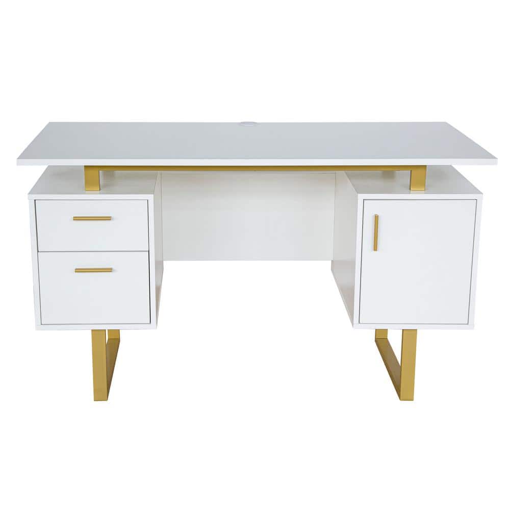 White and Gold Modern Writing Desk with Storage Drawers