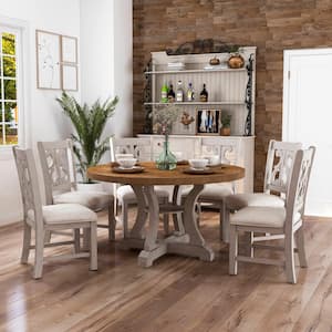 Wicks 7-Piece Round Distressed White and Distressed Dark Oak Wood Top Dining Set Seats 6