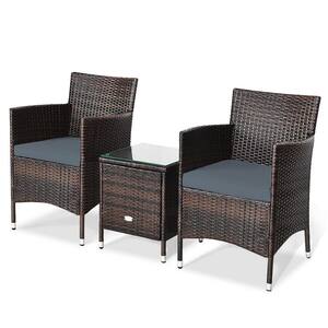 3-Piece Brown Wicker Outdoor Bistro Set with Gray Cushions