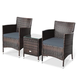 3-Piece Brown Wicker Outdoor Bistro Set with Gray Cushions