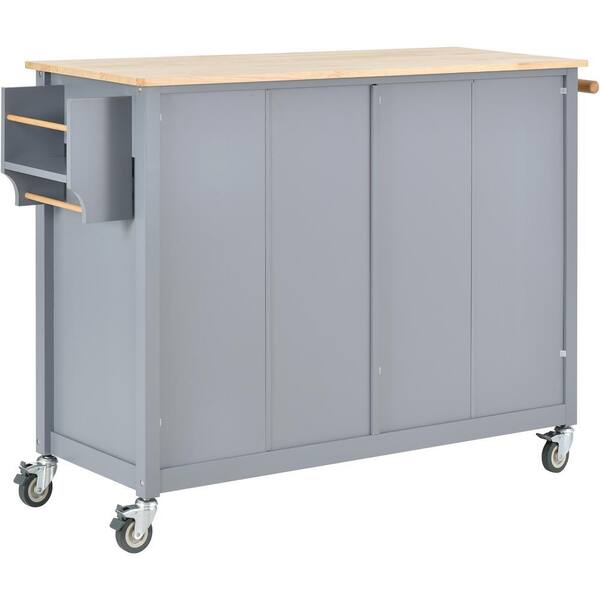 FAMYYT Rolling Gray Rubber Wood Desktop 54 in. Kitchen Island with