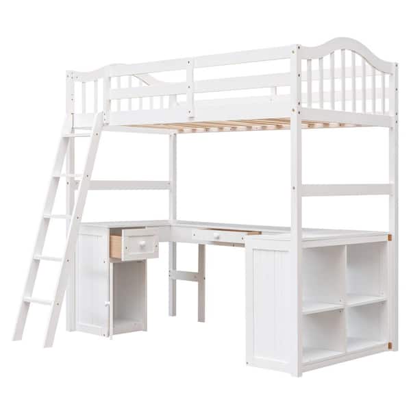 Polibi Twin size Loft Bed with Drawers, Cabinet, Shelves and Desk, Wooden Loft Bed with Desk-White