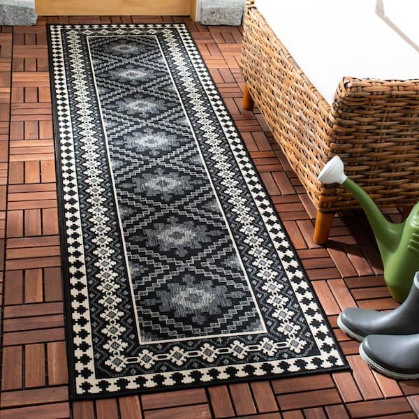 Veranda Black/Cream 2 ft. x 8 ft. Border Indoor/Outdoor Patio  Runner Rug