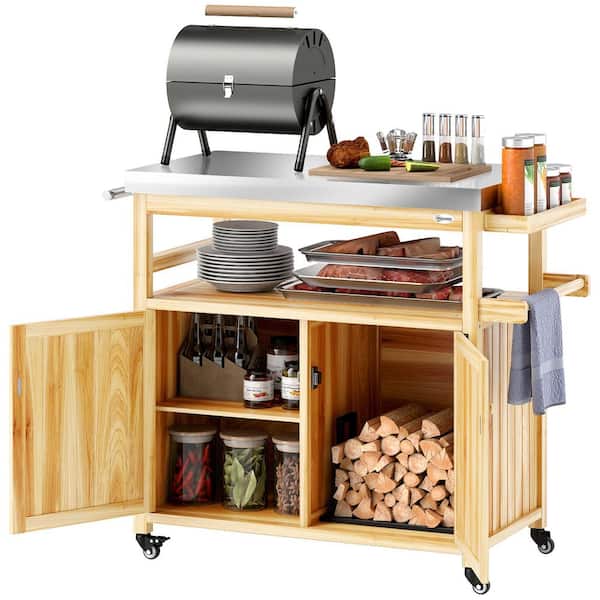 Outsunny Natural Wood Outdoor Grill Cart with Wheels and Storage, Solid Wood, Stainless Steel Top, Spice Rack, Side Handle