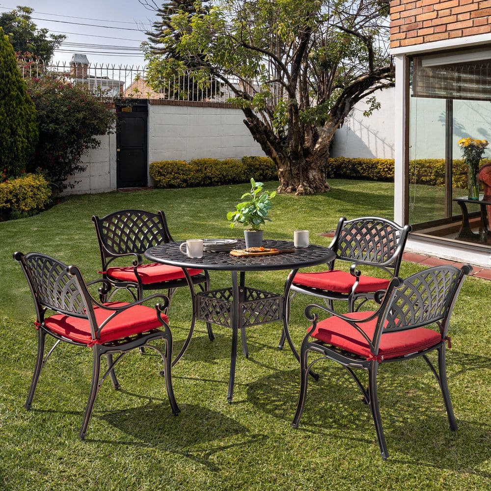 Black with Gold-Painted Edges 5-Piece Cast Aluminum Outdoor Dining Set, 4 Patio Chairs with Red Cushions price history on PriceWatchPro