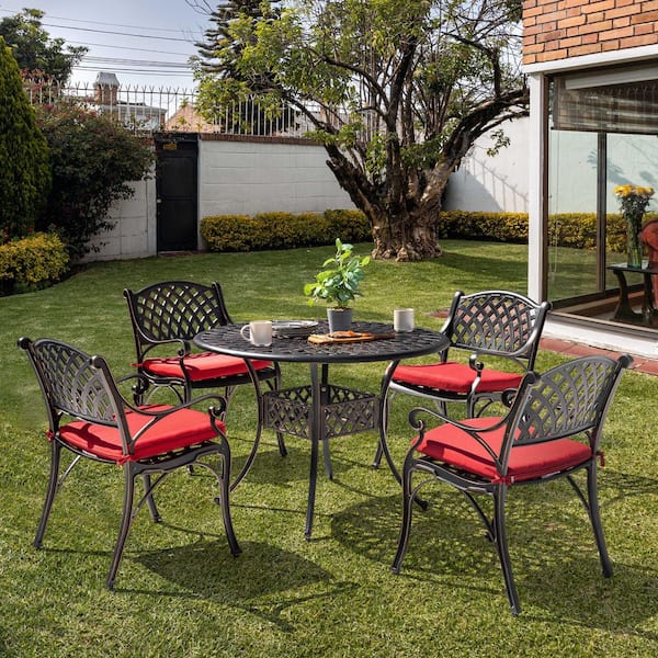 Black with Gold-Painted Edges 5-Piece Cast Aluminum Outdoor Dining Set, 4 Patio Chairs with Red Cushions