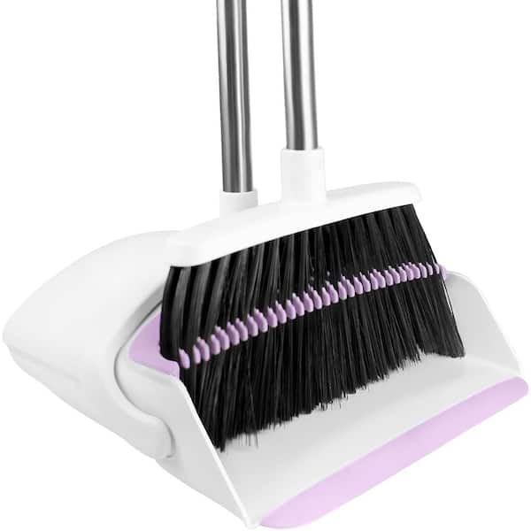 Broom with Dustpan Combo Set, 52-in Long Handle Adjustable Broom and Dustpan Set with Dustpan Teeth, White Purple