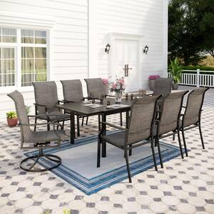 Black 9-Piece Metal Outdoor Dining Set with Padded Swivel Rocker Texitilene Chair and Expandable Table