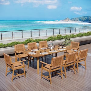 Brown 9-Piece Outdoor Patio Dining Set With Acacia Rectangular Table and Acacia wooden Chairs