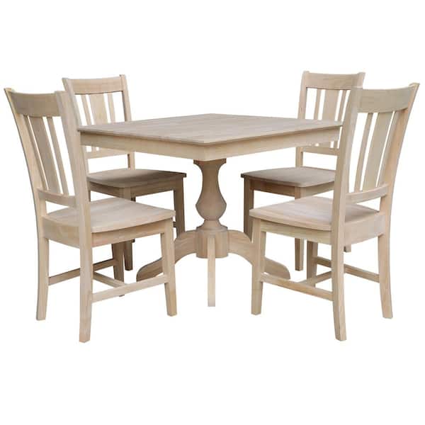 International Concepts 5 PC Set - Unfinished Solid Wood 36 in. Square Pedestal Table with 4 Side Dining Chairs