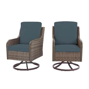 Windsor Brown Wicker Outdoor Patio Swivel Dining Chair with Sunbrella Denim Blue Cushions (2-Pack)