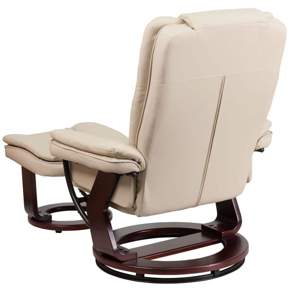 Beige Leather Swivel Recliner with Ottoman and Mahogany Wood Base