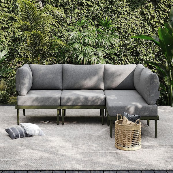 AURA OUTDOOR 4-Piece Metal Outdoor Sectional Sofa Set Patio Furniture Set with 6 in. Olefin Cushion, Green