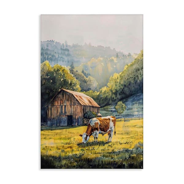 Stupell Industries Brown Spotted Cow Grazing by Franklyn Gregory Unframed Nature Graphic Art Print 36 in. x 24 in.