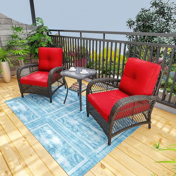 INMITOM 3-Piece Patio Wicker Conversation Set with Red Cushions and Side Table
