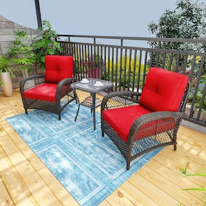 3-Piece Patio Wicker Conversation Set with Red Cushions and Side Table