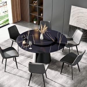 59.05 in. Lazy Susan Rotary Round Black Sintered Stone Dining Table with Black Metal Legs (Seat 8)