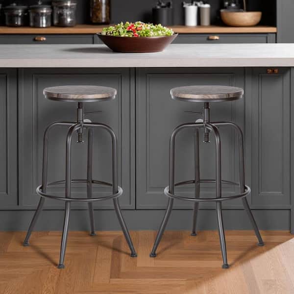 30.30 in. H Walnut Adjustable Height Metal Bar Stool with Manufactured Wood Seat (Set of 2)