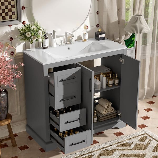 36 in. Single Sink Freestanding Gray Bath Vanity with White Ceramic Top, 3 Drawer, Adjustable Shelf, Unassembled