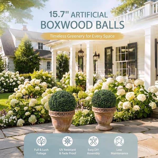 15.5 in. 2-Balls Green Artificial Boxwood Balls Grass Topiary Balls for Backyard, Balcony, Garden, Wedding Decor