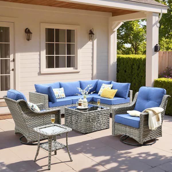 Holston 8-Piece Wicker Modern Outdoor Patio Conversation Sofa Seating Set with Swivel Chairs and Sky Blue Cushions