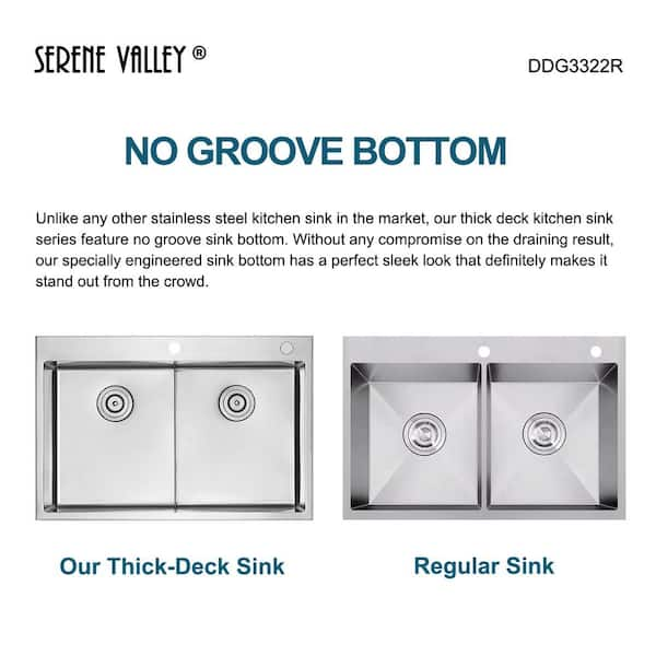 SERENE VALLEY Stainless Steel 33 in. Double Bowl Undermount Kitchen Sink,  Thin Divider and Heavy-Duty Grids UDG3322R - The Home Depot