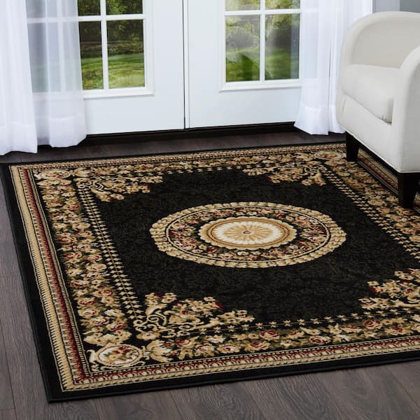 Optimum Athens Black/Beige 5 ft. x 7 ft. Border Area Rug