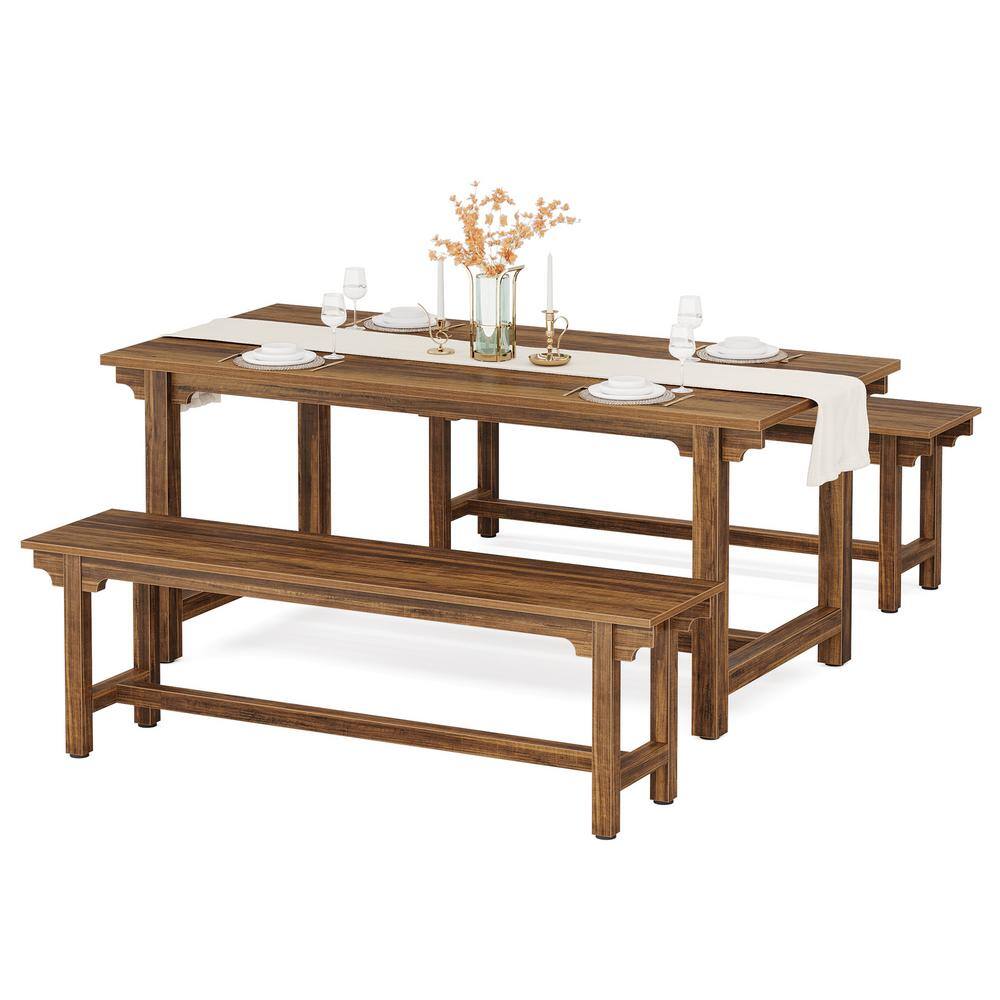 3-Piece Rectangular Walnut Brown Engineered Wood Top Dining Room Set Kitchen Table (Set for 4-6)
