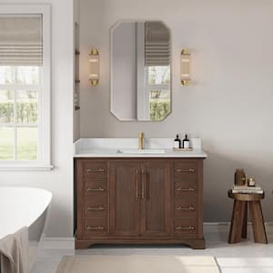 Tokyo 48 in. W. x 22 in. D x 33.9 in. H Single Bath Vanity in Aged Dark Brown Oak with Silk White Quartz Stone Top