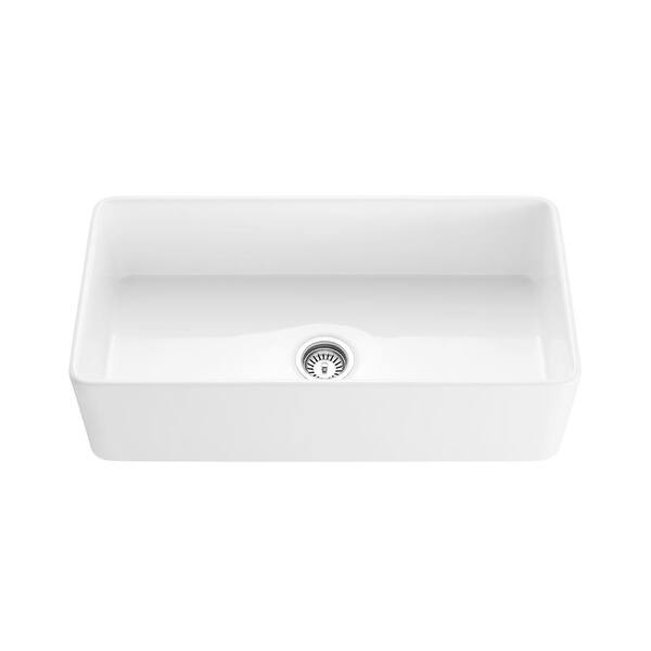HOMLUX Fireclay 30 in. Single Bowl Farmhouse Apron Kitchen Sink with Bottom Grid and Strainer in Gloss White