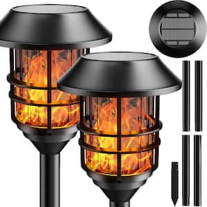 Black Stainless Steel Solar Flame Outdoor Pathway Light with Flickering Effect Waterproof Metal Shade 2-Pieces