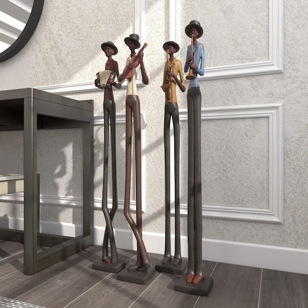 Litton Lane Brown Polystone Tall Long Legged Jazz Band Musician Sculpture with Black Base Stand (Set of 4)
