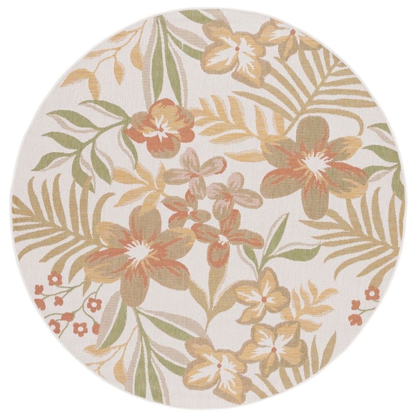 SAFAVIEH Courtyard Beige/Rust 7 ft. x 7 ft. Botanical Leaves Indoor/Outdoor Round Area Rug
