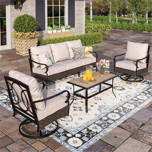 PHI VILLA Dark Brown Rattan 5 Seat 4-Piece Steel Outdoor Patio ...