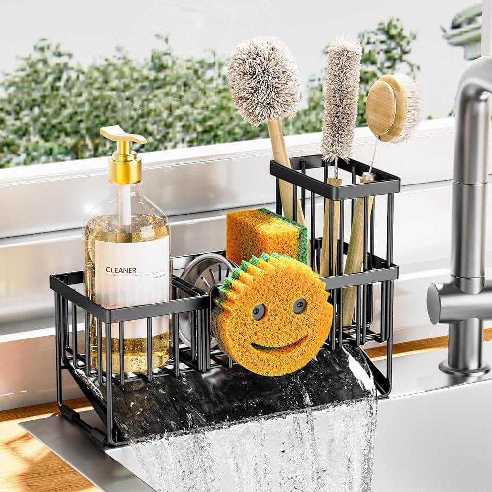Wudkey 9.25 in. W x 6.3 in. H Black Stainless Steel Rustproof Sink Caddy with Smiley Face Sponge Holder for Sink
