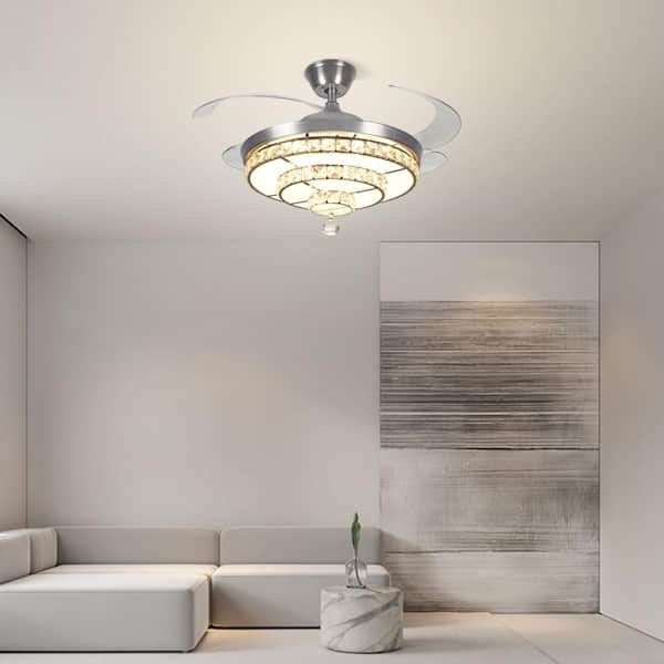 EASYG 42Invisible Ceiling Fan Chandelier with Light,Modern Crystal Ceiling  Fan Light Remote Control 4 Retractable ABS Blades 
